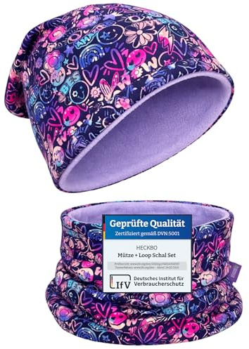 HECKBO Barn Mössa & loop-scarf set Flower Power Blomma 95% bomull med fleecefoder mjukt & lättskött stretchmaterial vinter storlek 48–54 cm