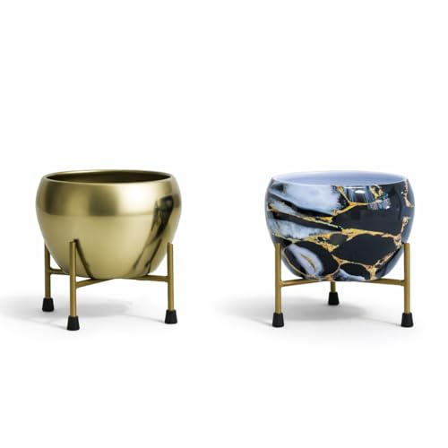 Genérico Macetas Decorativas Interior con Soporte Dorado – Pack de 2 maceteros de Metal Elegante para decoración de hogar, Escritorio u Oficina, Ideal para Plantas Ornamentales y Espacios reducidos.