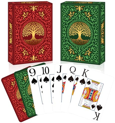 Playing Cards 2 Pack, Deck of Cards, Large Print Playing Cards, Easy to Shuffle, Premium Poker Cards for Card Games Family Game Night Table Magic Casino Theme Party Supplies (Green & Red)