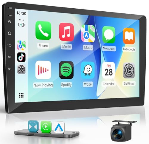 Haudio 2 Din Bilstereo med Apple Carplay och Android Auto, 10,1 Tum Bilradio med HD-Backkamera, GPS-Navigering, Bluetooth, Röststyrning, Mirror Link, FM/AM/AUX för alla Fordon – 2+64 GB