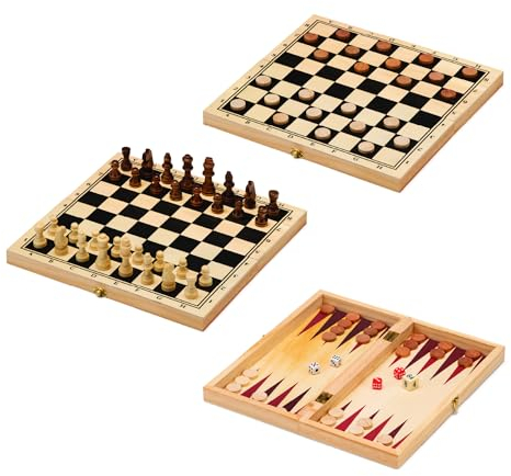 Toyrific 3 in 1 Folding Wooden Board Games Set, Portable Traditional Game Collection with Chess, Draughts and Backgammon for Kids and Families, Ages 3+