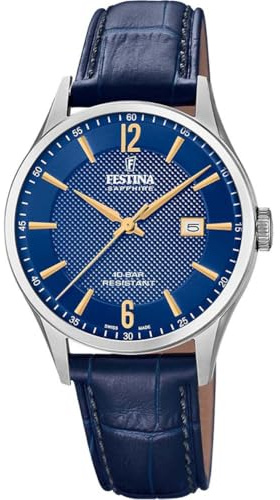 Festina Swiss Made Reloj Hombre Analógico de Cuero Azul