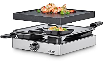 Spring CLASSIC Raclette 4 Personen Silber, Tischgrill elektrisch, Antihaftbeschichtete Alu-Grillplatte, 4 Pfännchen & Raclette Schaber, Abstellebene, 22,5×21,5×13,5cm, Raclette Grill
