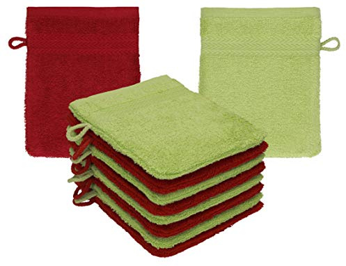Betz paket med 10 tvättvantar premium 100 % bomull 16 x 21 cm rubin – avokado grön