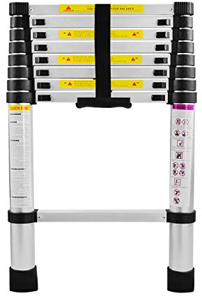 LZQ Escalera telescópica extensible de aluminio de 2,6 m, 9 peldaños, 74 cm hasta 2,60 m, capacidad de carga de 150 kg