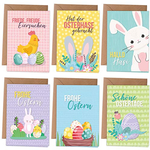 Papierdrachen Biglietti di Pasqua | 6 biglietti di auguri primaverili come biglietto pieghevole con busta per Pasqua – auguri alla famiglia – Design elegante per Pasqua – Motivo colorato – Set 1