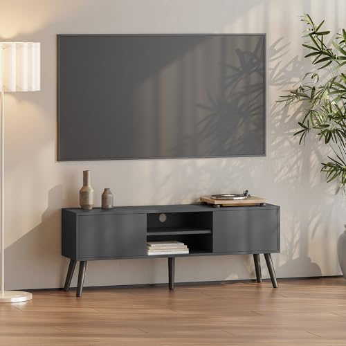 [en.casa] Mesa de Tele Eskilstuna 120 x 29,5 x 46,5 cm Soporte de Televisión Cómoda Mueble de salón para TV 2 Puertas y 2 Estantes Abiertos 5 Patas Almacenamiento Gris Oscuro y Negro