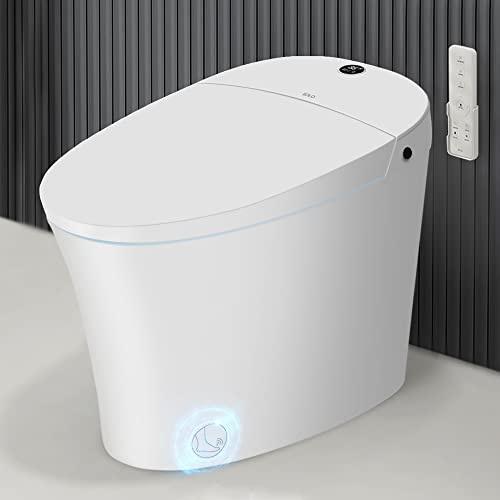 EPLO Inodoro inteligente, bidé de una pieza para baños, inodoro alargado moderno con agua tibia, doble descarga automática, funcionamiento con sensor de pie, asiento de bidé con calefacción, inodoros