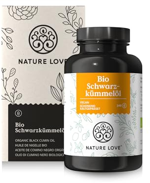 NATURE LOVE® Bio Schwarzkümmelöl - 240 allergenfreie, vegane Kapseln - hochdosiert: 1000mg pro Tagesdosis - davon 50% Linolsäure - kaltgepresst, aus Ägypten