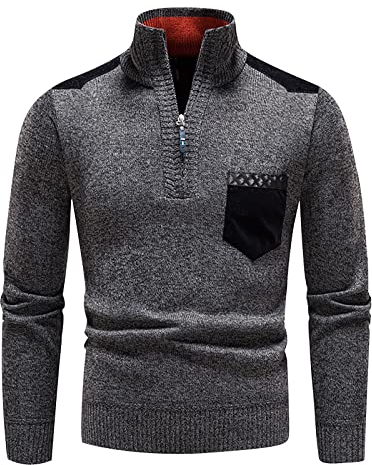 LUNULE Herren Strickpullover Stehkragen Troyer Polo Shirt mit Viertelreißverschluss Feinstrike Pullover mit Tasche Pulli Winter Outdoor Übergangspullover Thermo Tops Freizeit Baselayer Unterhemd