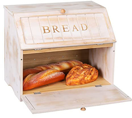 HOMEKOKO Vintage Double Layer Large Bread Box for Kitchen Counter, Retro Design Wooden Large Capacity Bread Storage Bin (White)