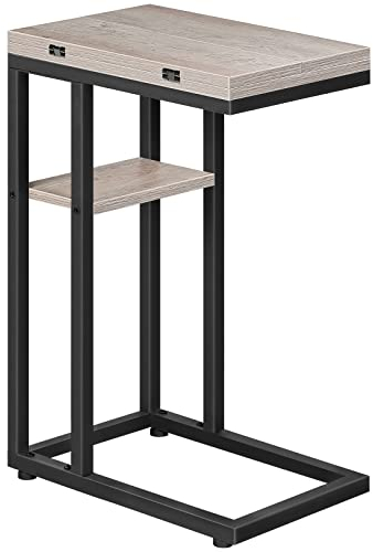 HOOBRO C-Form Beistelltisch, Klappbarer Sofatisch, Couchtisch, Kaffeetisch Snacktisch mit Lagerregal, Schmaler Nachttisch für Wohnzimmer, Schlafzimmer, Metallrahmen, Greige und Schwarz EBG29SF01