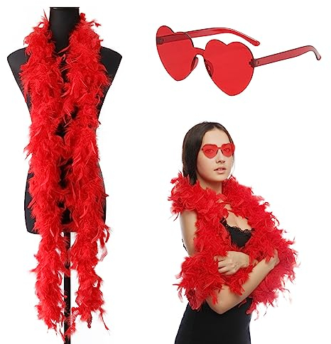Federboa, 2M Bunte Feder Boa mit Herzbrille, Flauschige Federboa, Feder Boas Zubehör, Turkey Feather Boas Dekorieren, für Hochzeit Ankleiden Party, Karneval, Halloween, Weihnachten Kostüm (Rot)