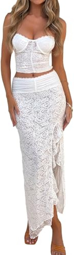 MAHUAOYIXI Conjunto de 2 piezas elegante para mujer, mono entallado transparente, sexy, top sin mangas, corsé sin tirantes de encaje bordado floral corto + falda con aberturas largas sexy, Color
