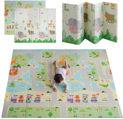 MIKMEL Alfombra Bebe Acolchada Plegable Reversible – Tapete Actividades y Juegos para Niños, Colchoneta de Suelo XPE Impermeable para Gateo – Diseño Carreteras/Animales – 180x150x1cm