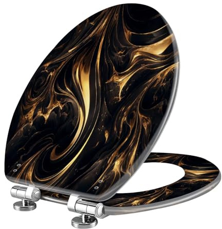 WHFEOIV9RE Elongated Toilet Seat Abstract Marble Fluid Art Painting Alcohol Ink Style Black Gold Resin Slow Quiet Close with Quick-Release Hinges Easy to Clean Install