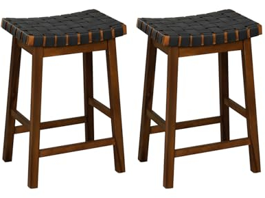 COSTWAY Hocker Holz 2er Set mit PU-Gewebe, Barhocker mit geschwungener Sitzfläche, 65 cm hohe mit Fußstütze für Esszimmer, Bar, Vintagebraun