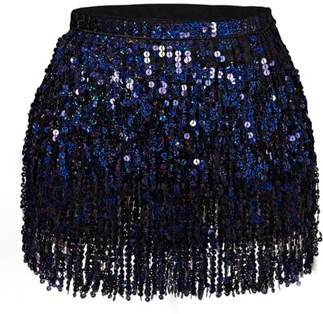 Jerbro Jupe Femme Paillettes Costume de Danse du Ventre Mini Jupe Costume de Cowgirl Robe de Danse Rave Outfit Costume de Foulard pour Femme Fille, Noir , M