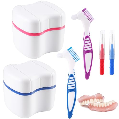 Dentures Case 2 Stücke Zahnprothese Etui 2 Prothesen Reinigerbürsten Prothesen Bade Box Zahnprothesen-Box Prothesen Zahnbürste Prothesen Becher Box für Falsche Zähne Und Zahnspangen