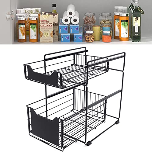 Shiyinge 2 ripiani sotto il lavello, telescopico, estraibile, per lavandino, lavandino, armadietto, scaffale organizer, base con cassetto, per cucina, bagno, grande colore nero