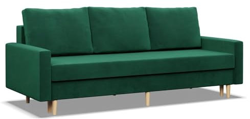 Mebligo - Sofa mit Schlaffunktion und Bettkasten Blank, 3 Sitzer Sofa 212 cm Breit, Schlafsofa mit Bonellfederkern im Sitz, Ausziehbares Couch auf Holzfüßen, Sofa Wohnzimmer - Sofa Flaschengrün