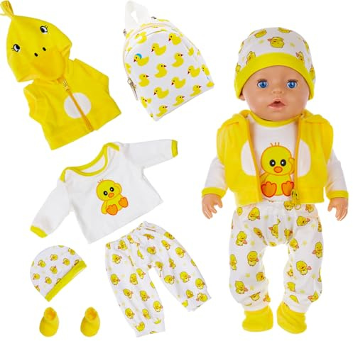 Vêtements de poupée pour poupées de 35 à 43 cm, avec haut, pantalon, gilet, chapeau, sac à dos, chaussettes de canard jaune, vêtements de poupée pour nouveau-né 14-17 pouces pour garçons et filles