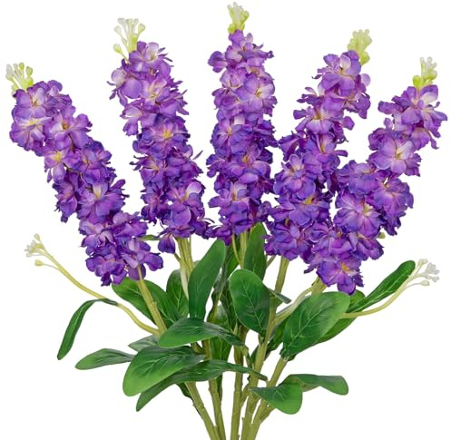 5pcs Delphinium Artificial Flower Silk UV Resistant Flowers, 25.5 Long Stem Fake Purple Flowers for Tall Vase, UV Protected Faux Floral Arrangements for DIY Bouquets Centerpieces Home Wedding Decor