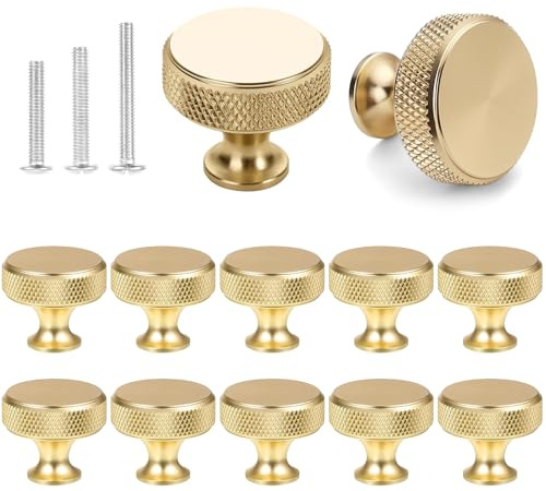 Tearmier 12 Pack Gold Knurled Cabinet Knobs Single Hole Round Wardrobe Knobs Door Kitchen Hardware Cupboard Knob with 36 Screws Handles for Drawer Dresser, Cupboard and Wardrobe(26mm*30mm)