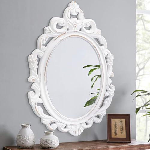Espejo ovalados de madera con marco, pared vintage blanco Arendahl tradicional tallado estilo barroco colgante para tocador, dormitorio, sala de estar, baño