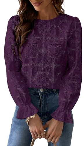 CUPSHE Blusa para mujer con recorte floral, cuello redondo, manga larga, puños elásticos, camisa elegante, Morado (, M