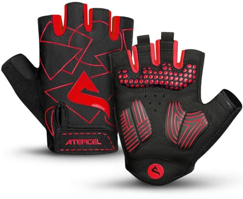 ATERCEL Fahrradhandschuhe Halbfinger für Herren Damen - Radsporthandschuhe MTB Handschuhe mit SBR-Polsterung für Radfahren, MTB, Fitness, Rot, M