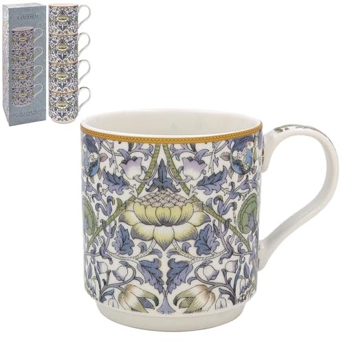 The Leonardo Collection Lodden Stacking Mugs Set of 4 William Morris, Tea and Coffee Mugs for Hot Drinks | Fine China Printed Mugs for Kitchen & Home | Reusable Ceramic Cups for Every Occasion