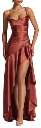 YOUCAI Robe de Soirée Cocktail Longue Asymétrique pour Mariage Invité Bal de Promo Anniversaire Cérémonie Femme Robe Demoiselle d'honneur avec Fente,Marron Rouge,S