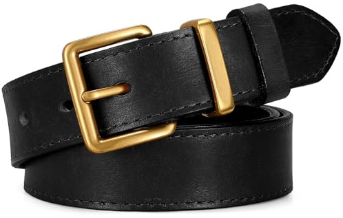 SUOSDEY Genuine Leather Belts for Women Men Handmade Vintage Black Brown Women Belt for Jeans, Dresses with Gold and Silver Buckle 1.2 Width