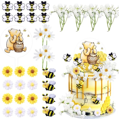 MEMOVAN Winnie Bear Cake Topper Winnie Bee Cake Decorations Pooh Bear Toppers Little Figurine Bee Cupcake with Classic Pooh Bees Daisys Sunflower for Oh Baby Bees Theme Shower Birthday Party