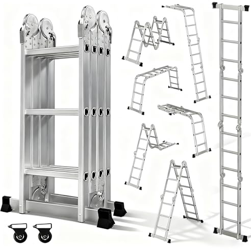 OUTIGO Échelle Multifonction Pliante, 4 x 3 en Aluminium échelle 7 en 1, jusqu'à 150 kg,Échelle Téléscopique, Échelle Pliante, Escabeau Pliant, Bricolage Peinture Toiture