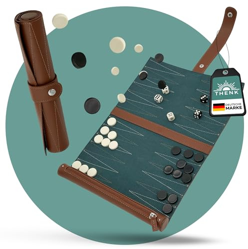 THENK Backgammon da viaggio – Elegante gioco di backgammon arrotolabile in ecopelle – gioco da viaggio compatto con pietre e dadi – leggero e perfetto per le vacanze e le attività all'aperto
