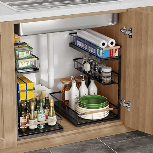 Fantasnight Kitchen Under Sink Storage Organiser - 2 Pack Metal Undersink Organisation for Cupboard - 3 Tier Pull Out Cabinet Drawers Black - Sliding Cleaning Shelf Organizer Solutions for Bathroom