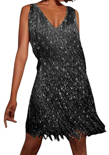 Vestido con Flecos Vestido Disco de los años 70 Vestido Mini de Mujer de los años 20 (Black, S)
