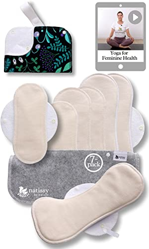Compresas reutilizables en algodón orgánico para flujo menstrual ligero y abundante (S+M+L+XL, 7 uds); lavables a alta T°, HECHAS EN LA UE; suaves, no irritantes y cómodas, compresas tela para mujeres