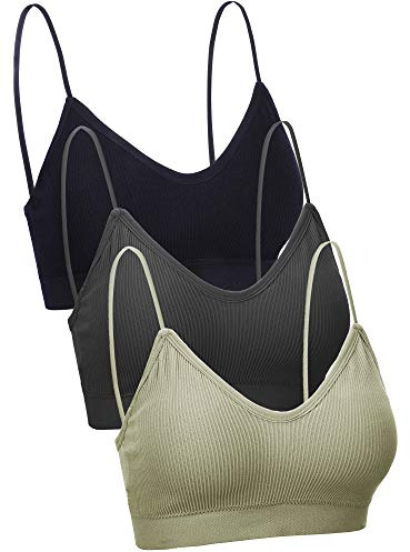 BOAO 3 Pezzi Reggiseno con Scollo a V Canotta a Fascia Imbottita Senza Cuciture Reggiseno Sportivo Reggiseno da Notte con Cinghie Elastiche (Nero, Oliva, Grigio Scuro, S-M)
