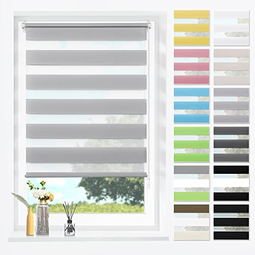 SBARTAR Doppelrollo Klemmfix Duo Rollos für Fenster ohne Bohren & zum Bohren,Grau B55 x H120 cm (Stoffbreite 55cm) Lichtdurchlässig Klemmrollo Fensterrollo ZeBrarollo