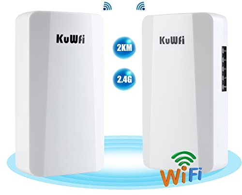 KuWFi Pont WiFi Exterieur, Point d'accès WiFi 300Mbps, Point d'accès Puissant avec Port Ethernet RJ45, IP65 étanche Outdoor Distance de Transmission jusqu'à 1KM, Prise en Charge du Mode PTP/PTMP