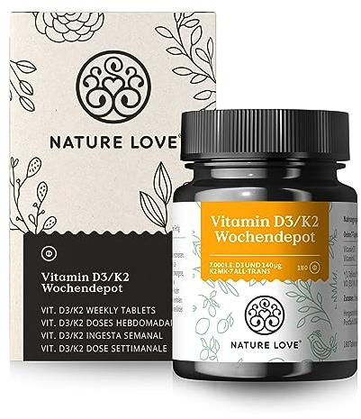 Nature Love Vitamin D3 K2 Wochendepot - 180 vegane Tabletten - 7000IE D3 + 140µg K2 pro Tablette mit >99,7% all-trans - Hochdosiert & vegan - Laborgeprüft, in Deutschland produziert