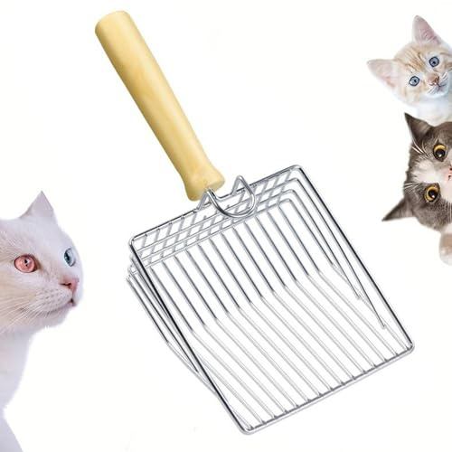 trabag Pala per lettiera per gatti, 27 cm, in metallo, distanza tra i fori 7 mm, pala per gatti, paletta per gatti, paletta per gatti, pala con manico in legno