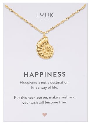 LUUK LIFESTYLE Collana con ciondolo Conchiglia e acciaio inossidabile (50 cm), con carta HAPPINESS, idea regali donna, lei, compleanno, portafortuna, gioielli semplice, mare, oro