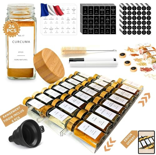 Wakdream® Set Complet Rangement Epices Cuisine Tiroir Avec 24 Pot à Epices en Verre et Bois 120ml | Sans BPA, Bambou Naturel I Rangement Tiroir de 30 à 60 cm I 200 Étiquettes Françaises I Ebook OFFERT