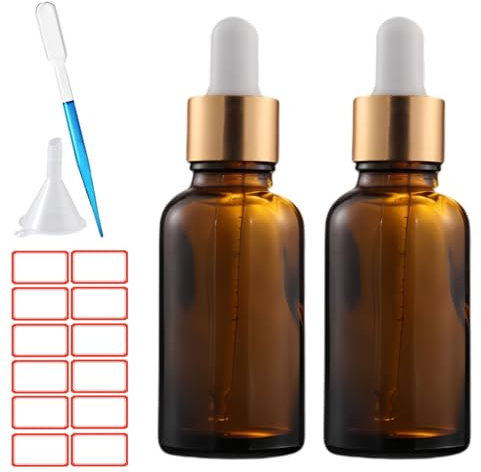 ToKinCen 2 x 30 ml droppflaska bärnstensglasflaskor med glaspipett ettereriska flaskor, små droppflaskor, påfyllningsbara med plasttrattar och etiketter