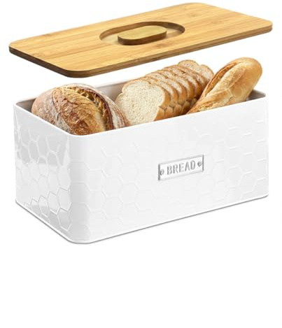 vensovo Bread Box for Countertop – Large White Metal Bread Bin with Bamboo Cutting Board Lid, Farmhouse Bread Storage Container for Homemade Bread, Baked Goods & Kitchen Counter Organization