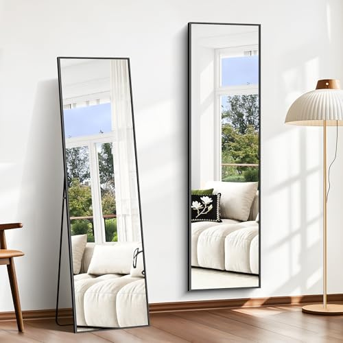 BONEWEI Specchio da Terra 150x40 cm, Specchio Rettangolare a Figura Intera con Cornice in Alluminio Nero, moderno grande specchio da parete in piedi o da appendere, per Soggiorno, Spogliatoio